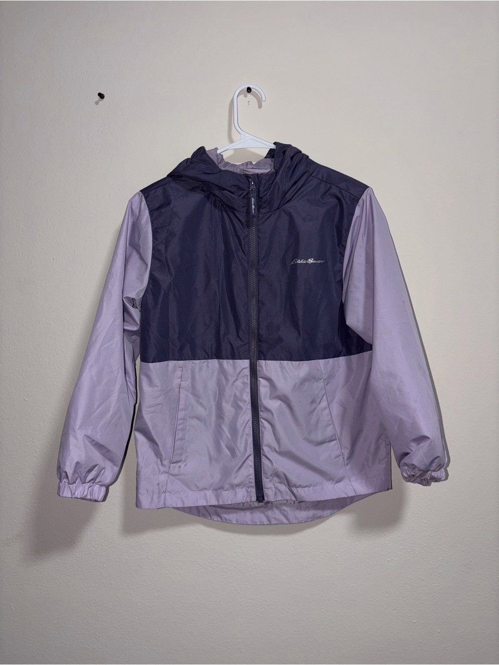 Eddie Bauer Two-Tone Hooded Rain Jacket in Lavender and Navy